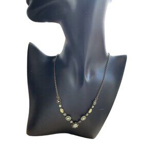 Vintage Bronze Floral Necklace With Green & Clear Rhinestones